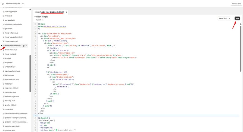 Shopify Horizon Theme dropdown menu preview on desktop