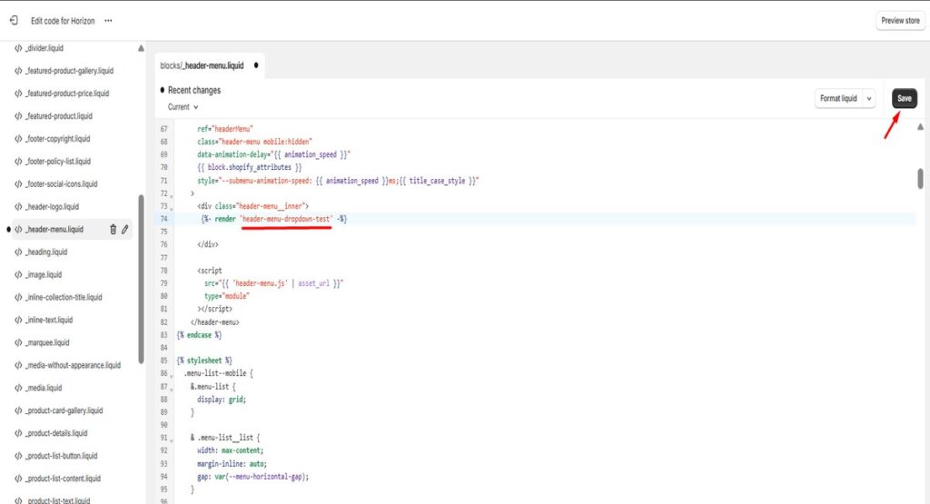 Shopify Horizon Theme dropdown menu preview on desktop