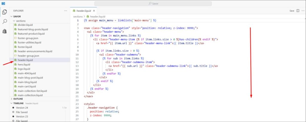 Edit header.liquid file to connect new dropdown menu in Shopify Savor theme