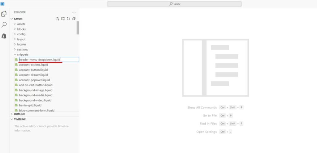 Name the new snippet file header-menu-dropdown.liquid in Shopify Savor theme