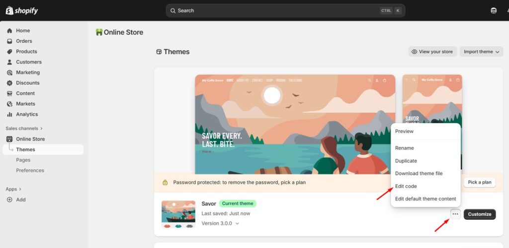 Open Shopify Savor theme and click Edit Code from Online Store