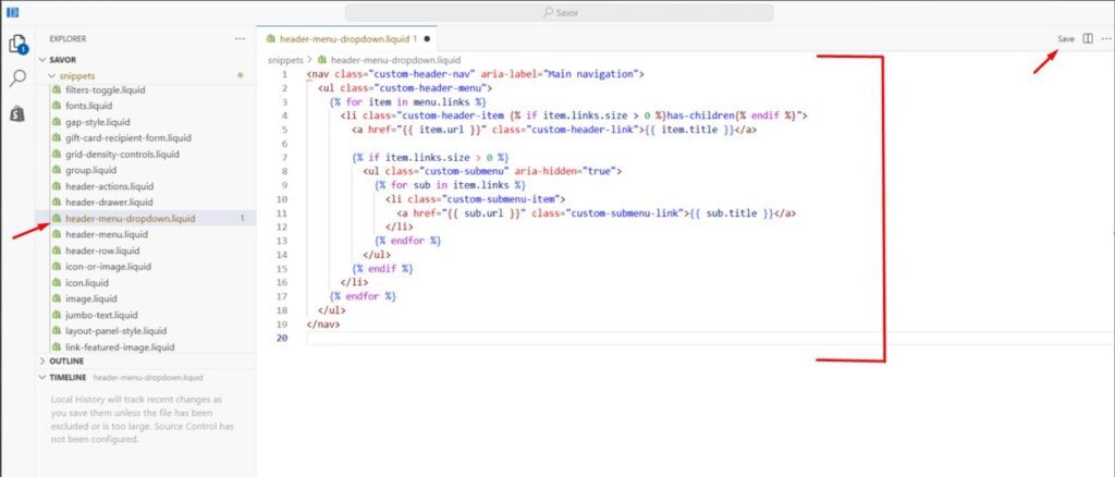 Open the newly created header-menu-dropdown snippet file in Shopify Savor theme