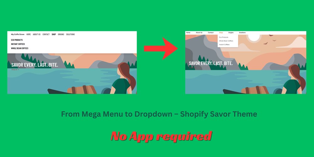 Shopify Savor Theme mega menu converted to dropdown menu example